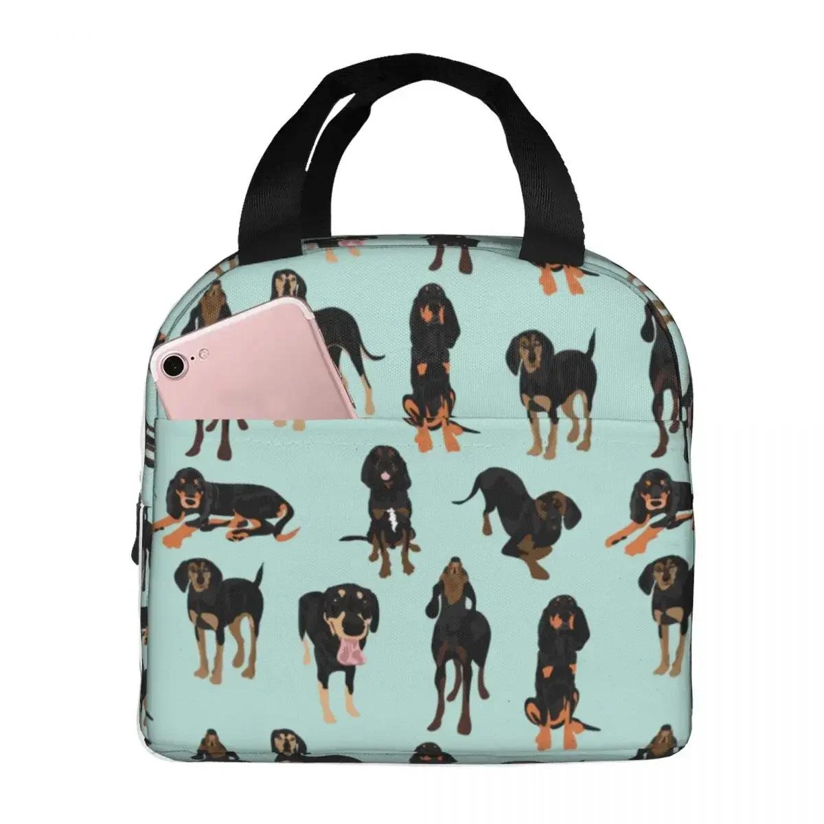 Lunch Bags for Men Women Black And Tan Coonhound Dog Thermal Cooler Bags Portable Picnic School Animal Canvas Tote Bento Pouch One Size