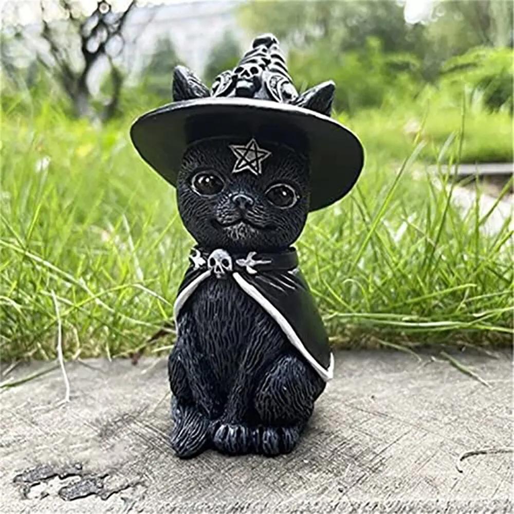 Socha černé kočky Tajemná roztomilá kočka Čarodějnice Kočka Figurka Čarodějky Dekor Stolní Ornament Ručně malovaná socha na Halloween 1PC