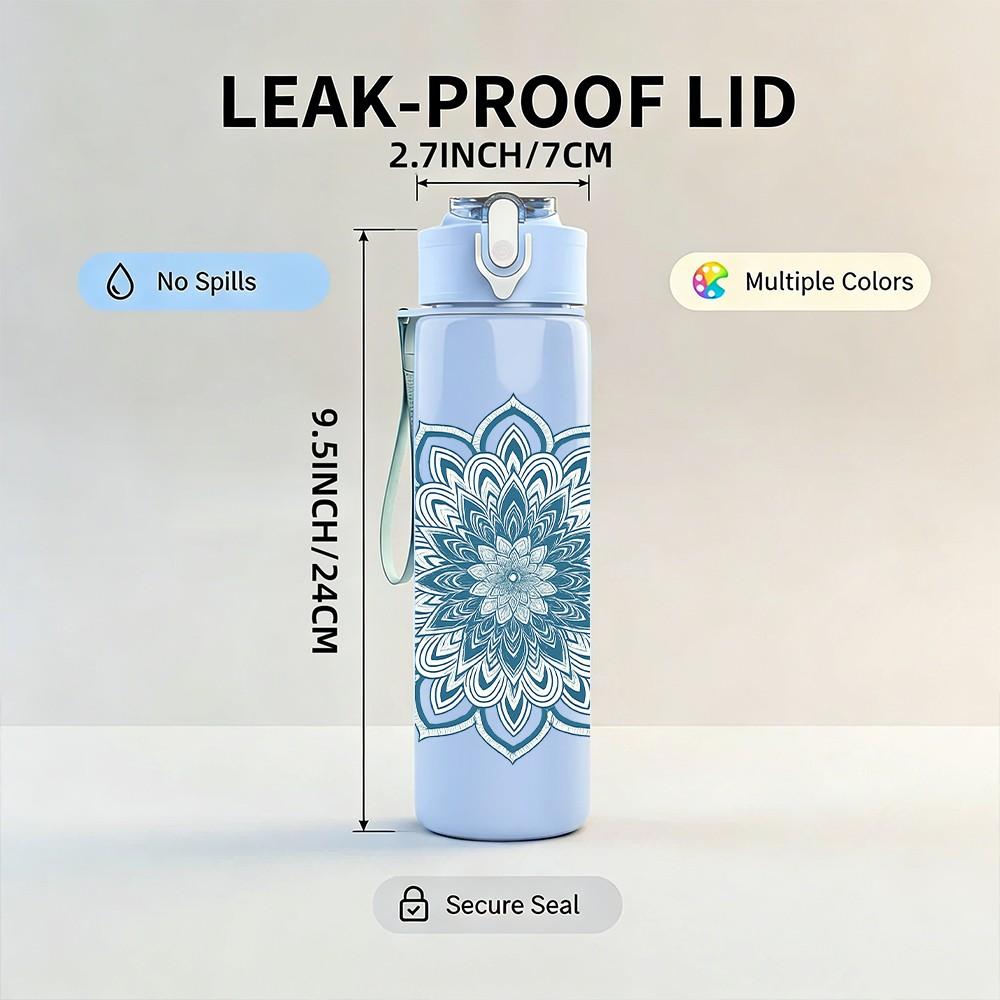 1PC Blue Mandala Pattern 750ml Color Plastic Sports Water Bottle Leakproof Flip Straw Lid Suitable for Sports Office Home Use