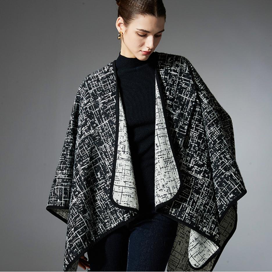 Women Plaid Reversible Poncho Cape Coat Open Front Cardigan Shawl Wrap Warm Thick Knit Shawl for Fall Winter