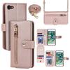 Stand Case for iPhone SE (2022)/(2020)/8/7 PU Leather Phone Cover with Straps/Zipper Wallet/Multiple Card Slots