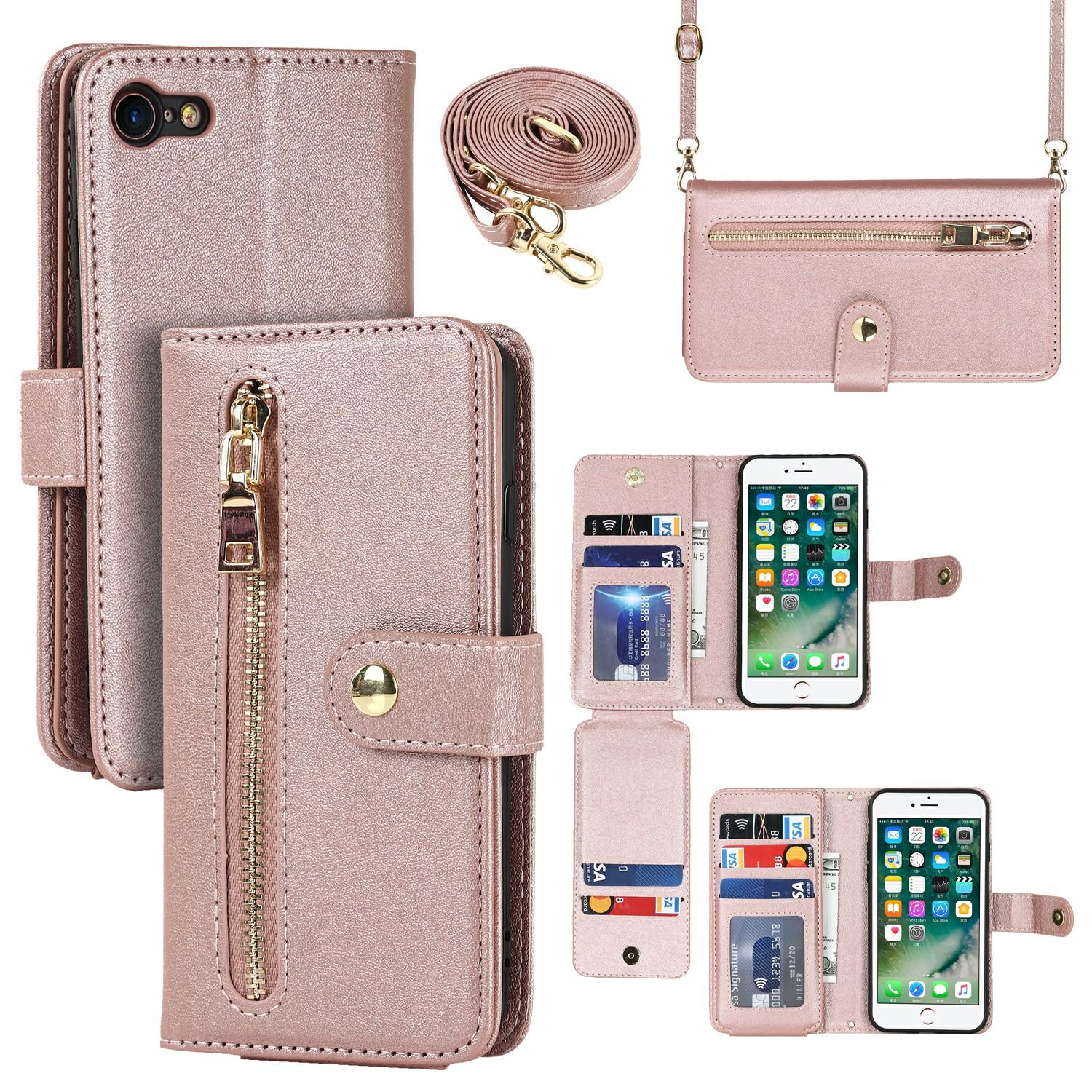 

Stand Case for iPhone SE (2022)/(2020)/8/7 PU Leather Phone Cover with Straps/Zipper Wallet/Multiple Card Slots Rose Gold