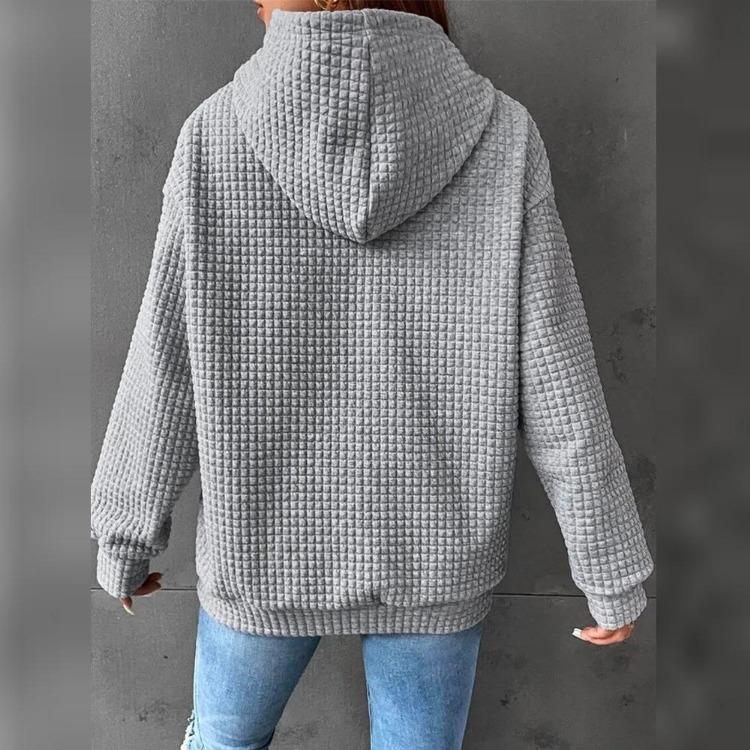 Plaid Pullover Jacket Women Long Sleeve Solid Color Hoodie with Pocket Round Neck