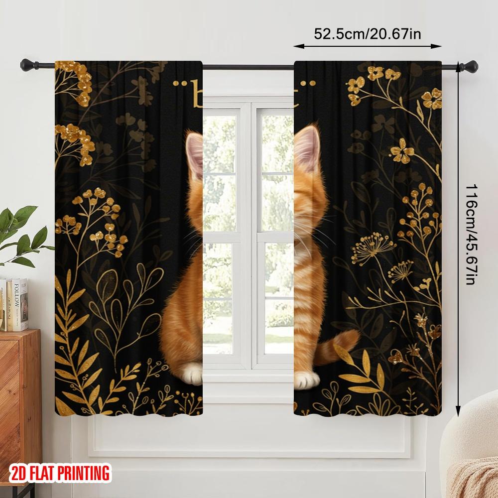2pcs 2D Flat Printing Drapes Orange Tabby Kitten Floral Polyester Without Electricity Party Decorations Use for Decorations