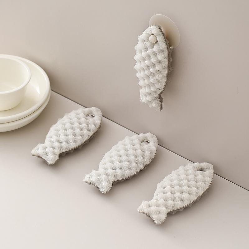 New Arrival Kitchen Cleaning Double-Sided Scouring Pad Three-Dimensional Honeycomb Dishwashing Sponge Fish-Shaped Made PU