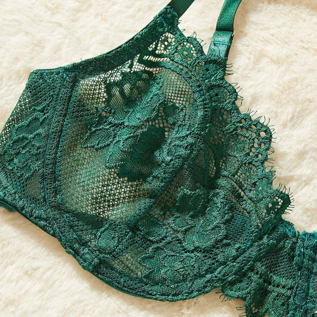 Bar set green women's underwear ultra-thin see-through bra lace sexy steel ring gathering bra set