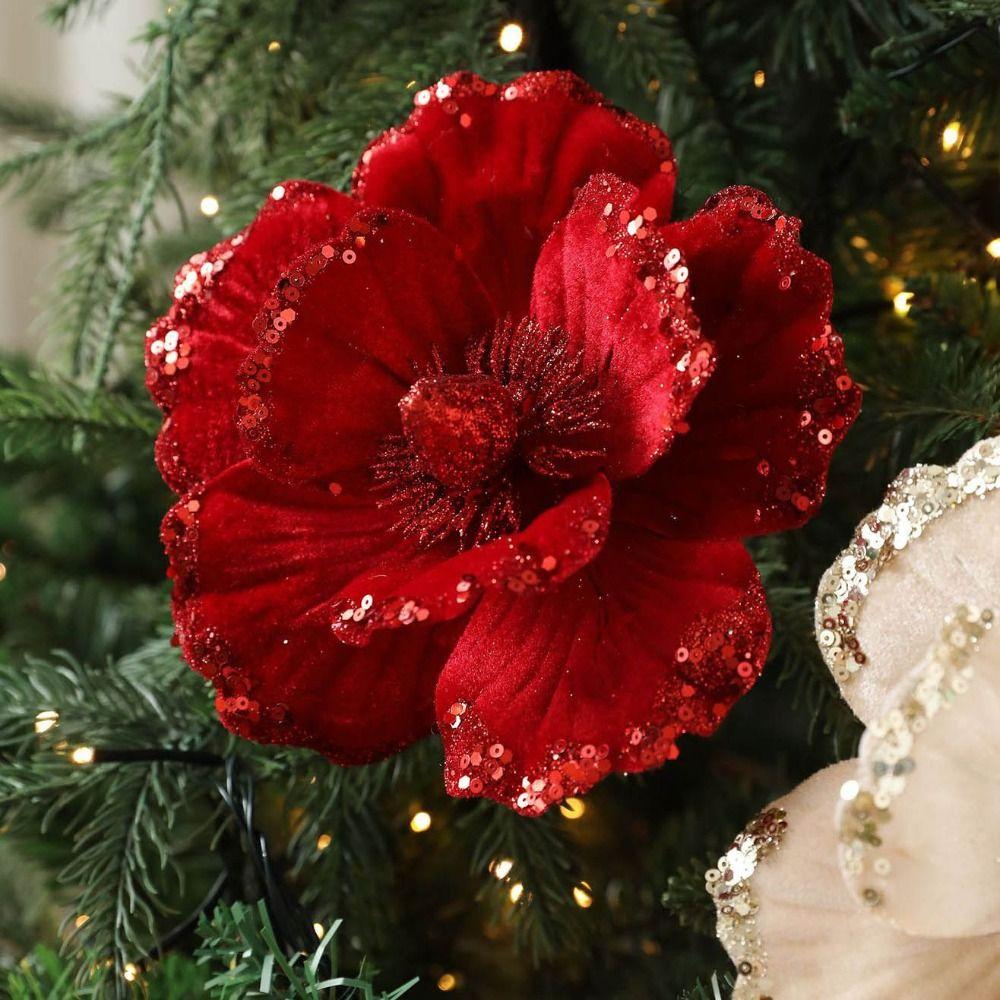 15cm Artificial Poinsettia Glitter Flower Sequin Flannel Fake Christmas Flowers Photography Props 3D Simulation Magnolia