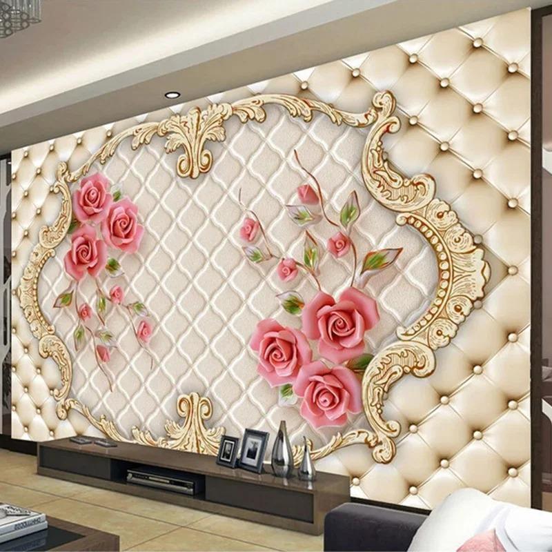 Custom 3D Wall Mural European Style 3D Stereo Rose Flowers Soft Roll Wallpaper Living Room TV Sofa Background Wall Decor Fresco