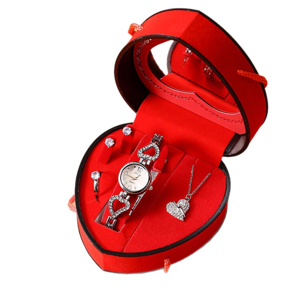 Women Watch Jewelry Gift Set Quartz Watch Rhinestone Necklace Earrings Ring Set Heart Shaped Gift Box Valentine's Day Gift Set