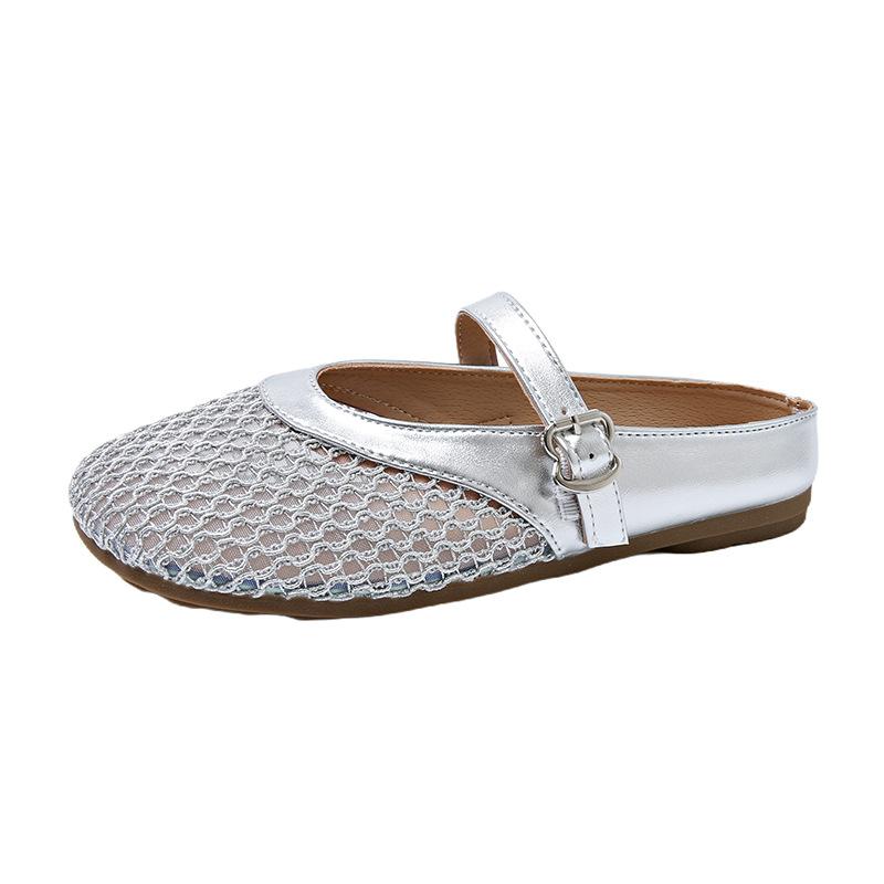 Hollow woven bag head half drag women's shoes summer wear new flat bottom breathable one pedal hole shoes sandals