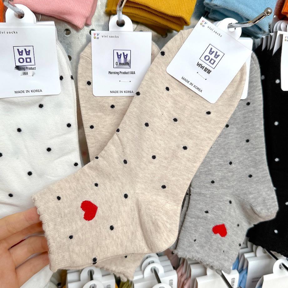 Korean Women s Spring Dot & Heart Pattern Short Socks One Size бежевый