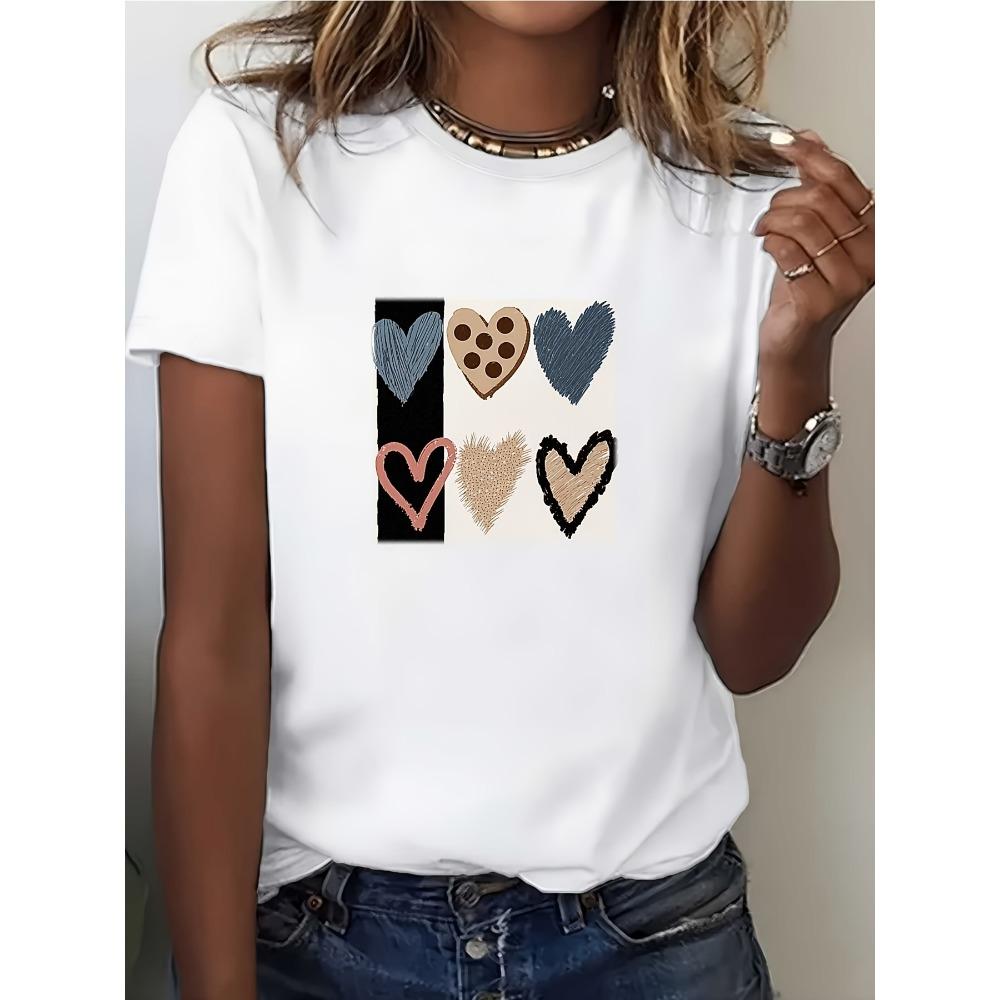 

Women s Sleeve Love in Every Stitch Heart Print Round Neck Casual Tee Suitable for Valentine s Day Gifts Office Casual S