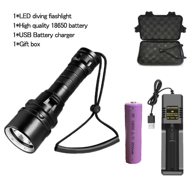 High Power Diving Flashlight IP68 Highest Waterproof Rating Professional Diving Light Powered by 18650 Battery With Hand Rope