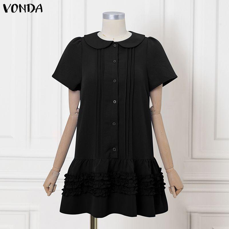 

VONDA Женское повседневное мини-платье с лацканами, короткими рукавами, оборками и плиссировкой 2XL чёрный