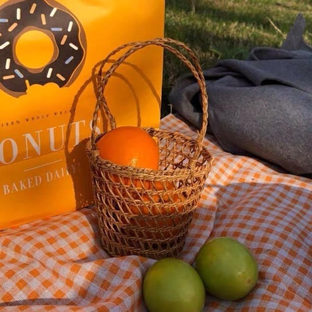 Picnic Props Straw Woven Basket with Handle Tea Cup Cover Practical Storage Basket