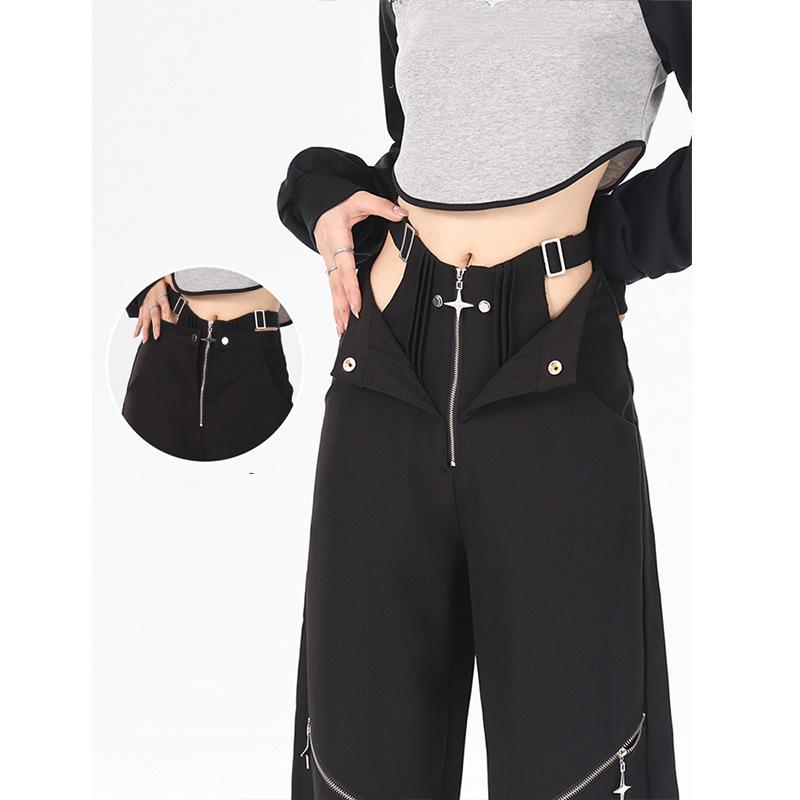 Black Overalls Women Summer Ladies Pants Pockets Elastic Casual Pants Women's Pants  Waist Street Loose Straight Casual Wide Leg Long Pants