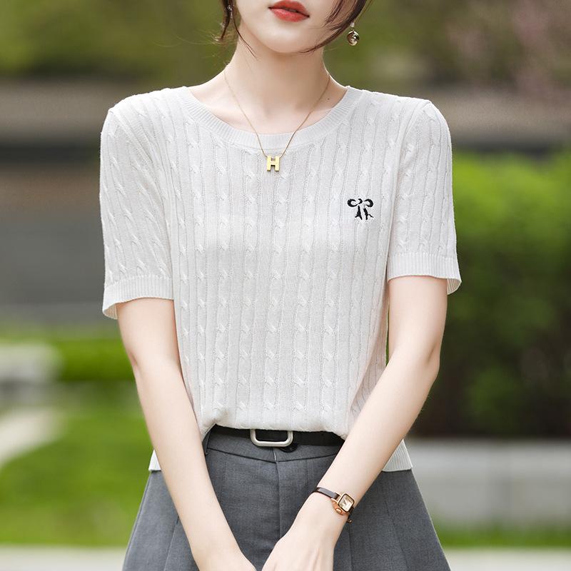 Embroidered Bow Small Twisted Round Neck Sweater T-shirt for Womens Summer Age-reducing Short-sleeved Top