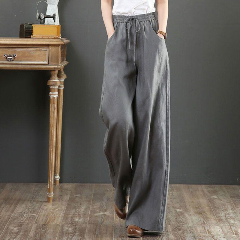 Women s Summer Retro High Waist Cotton Linen Wide-Leg Trousers with Lace-up Detail S [below 100 lbs]