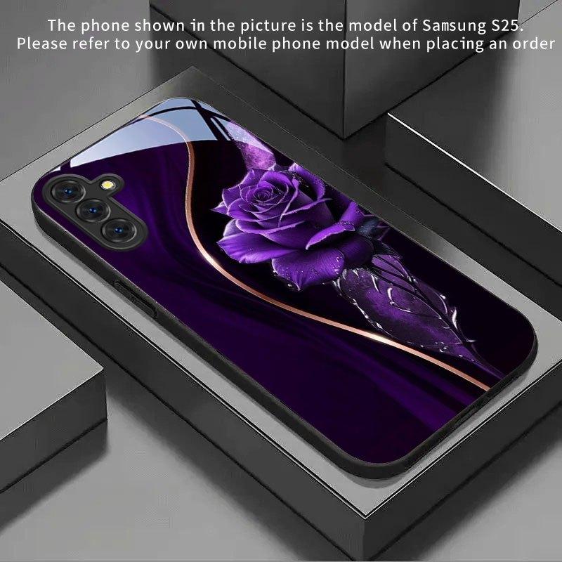 Gilded Purple Rose Dark Pattern Glass Phone Case Suitable for Samsung Galaxy S26 S25 S24 S23 S22 S21 S20 FE/Ultra/Plus Anti Drop