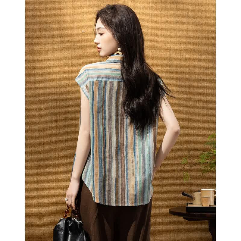 Demana Women's Urban Retro Striped Pure Cotton Lapel Short Sleeve Shirt