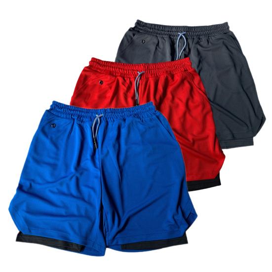 Men Shorts Double Layer Drawstring Fake Two Piece Elastic Waist Knee Length Shorts for Training