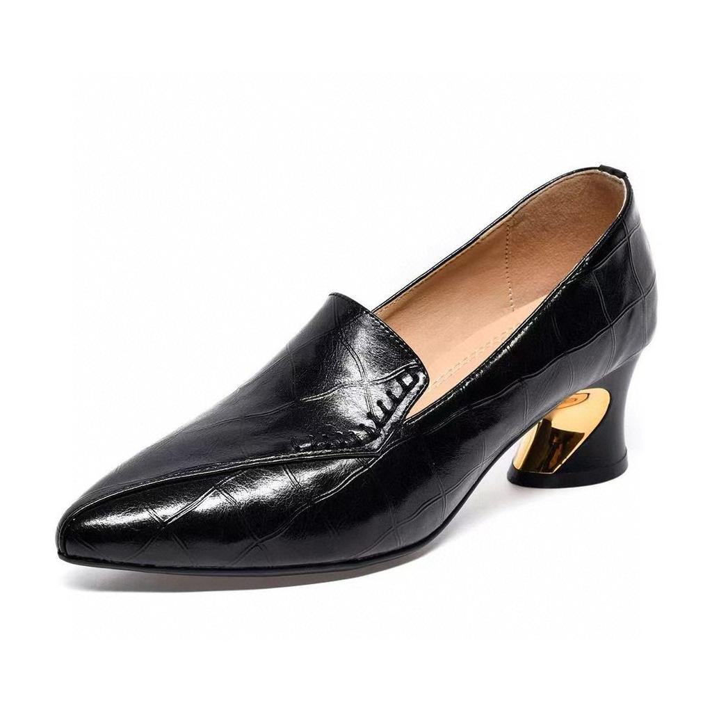 Pointed High Heels Women's Spring Simple Temperament Light Luxury Small Single Shoes Embossed Cowhide One-pedal Leather Shoes