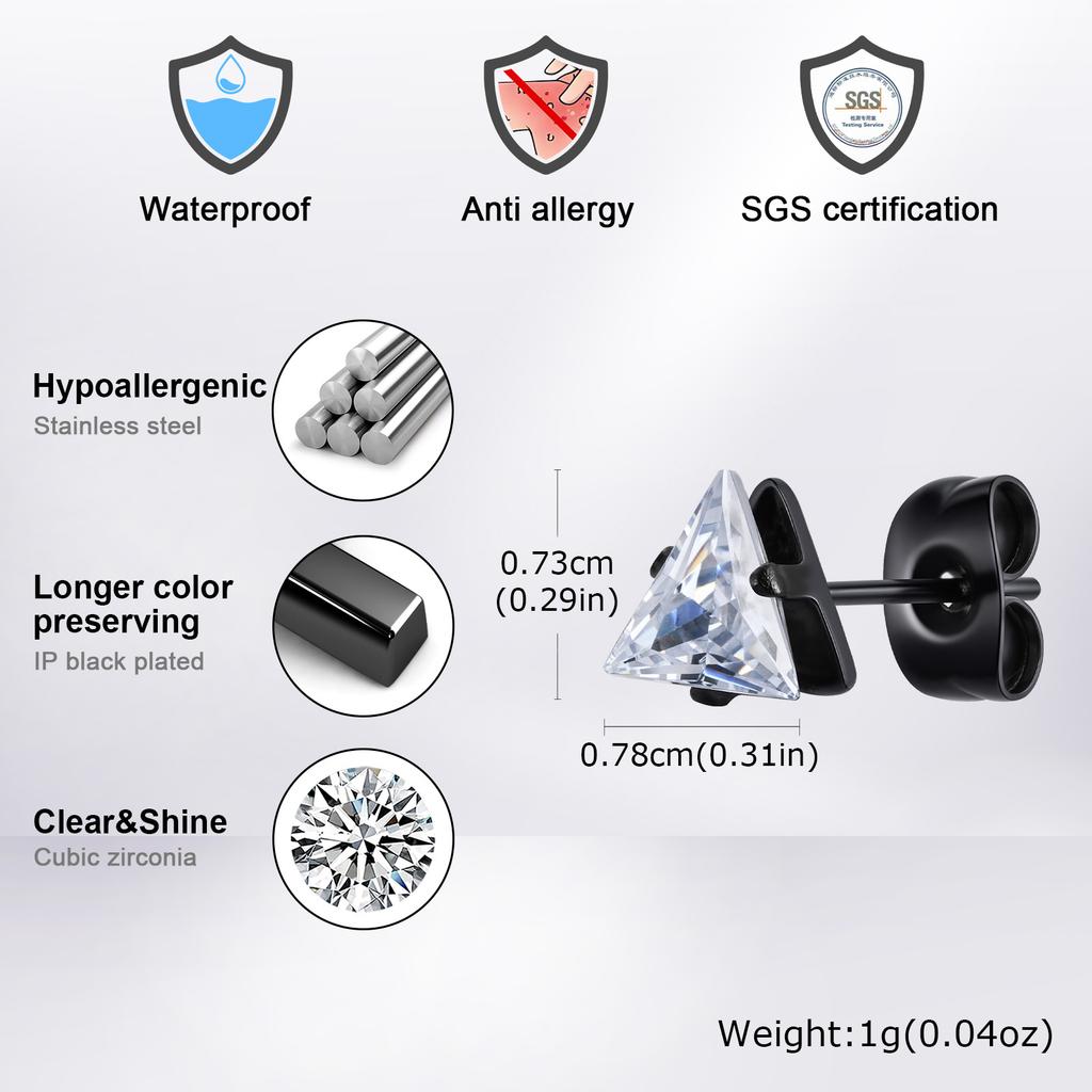 AAA CZ Stone Stud Earrings for Men Boys,Small Triangle Metal Earrings with Stainless Steel Butterfly Buckle,Casual Jewelry Gifts