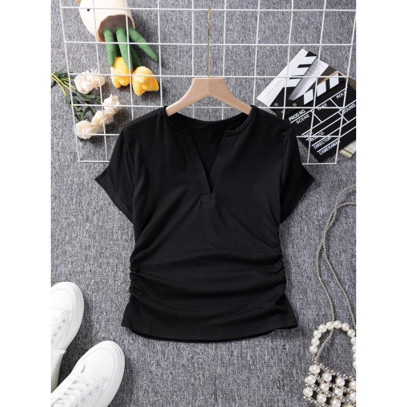 Women's Side Pinch Pleat Waist Closing Scissor Neck V-Neck Stretch Cotton Solid Colour Peplum Summer Short Sleeve T-Shirt