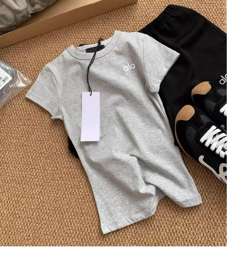 Embroidered ALO Unisex Short Sleeve T-Shirt - Summer Drop Shoulder with New Small Logo for Comfort and Breathability