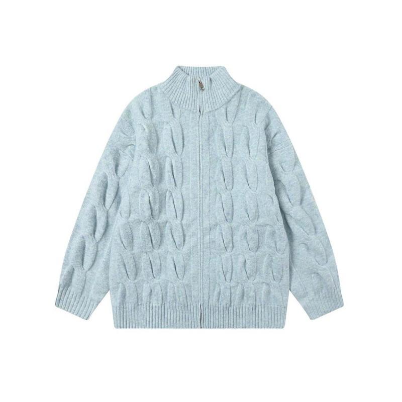Unisex Vintage Half Turtleneck Cable Knit Cardigan Oversized Zip-Up Sweater Men Women Fall Winter