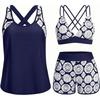 Costume da Bagno Intero a Tre Pezzi da Donna con Tasche Design Incrociato Bellissimo Dorso Bikini Boxer Costume da Bagno Sportivo