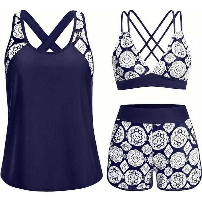 Costume da Bagno Intero a Tre Pezzi da Donna con Tasche Design Incrociato Bellissimo Dorso Bikini Boxer Costume da Bagno Sportivo