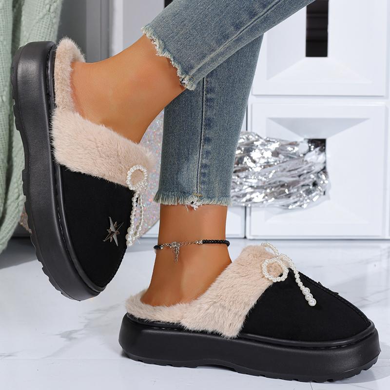 Fashion Fashion Perals Bowknot Fluffy Slippers Women 2025 Warm Faux Fur Platform Slides Woman Outdoor Comfort Non Slip Cotton Slippers