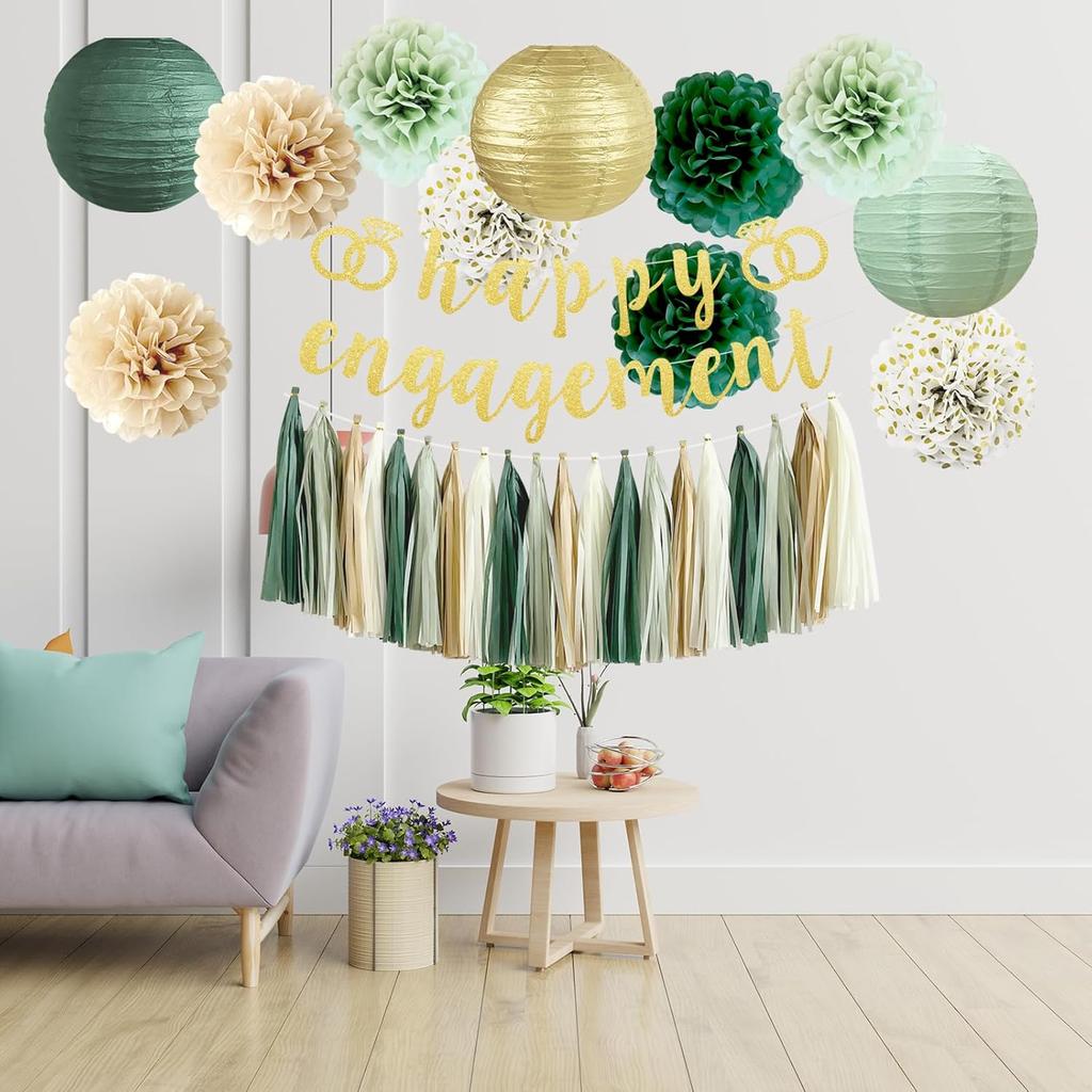 Engagement Party Decorations, Happy Engagement Banner Sage Green Tissue Pom Poms, Paper Lanterns, Circle Dot Garland for Couple Party Bridal Shower