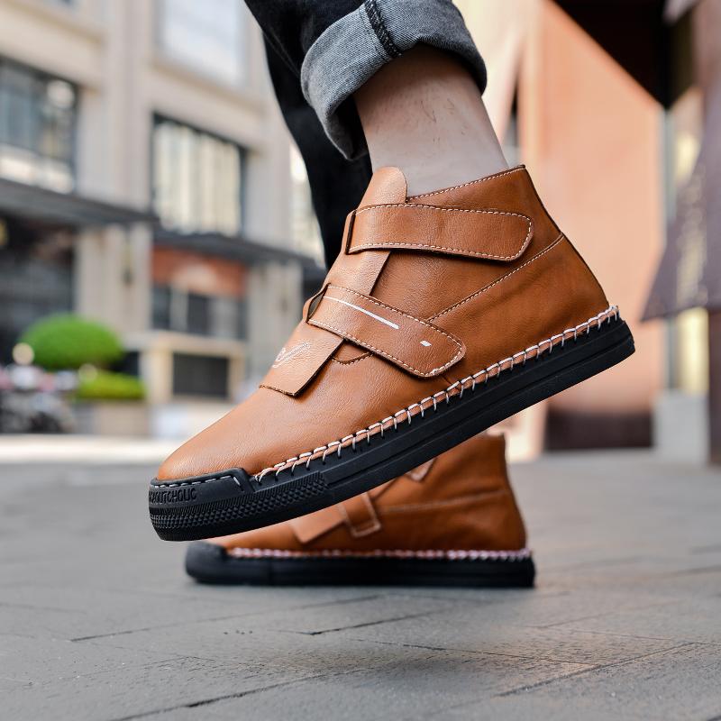 Fashion Italian Genuine Leather Boots British Style Round Head High Top Shoes Casual Platform New In Mens Luxury Slip on Shoes Handmade