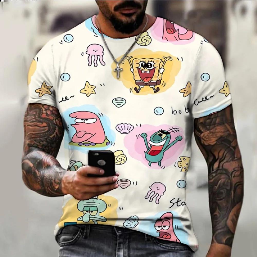 Letní Pánská Trička s Krátkým Rukávem s 3D Kresleným Potiskem Spongeboba s Kulatým Výstřihem