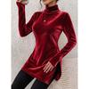 New Women's Velvet Turtleneck Sweater, Slim Fit Split Hem Casual Solid Pullover, Warm Basic Top for Autumn Winter