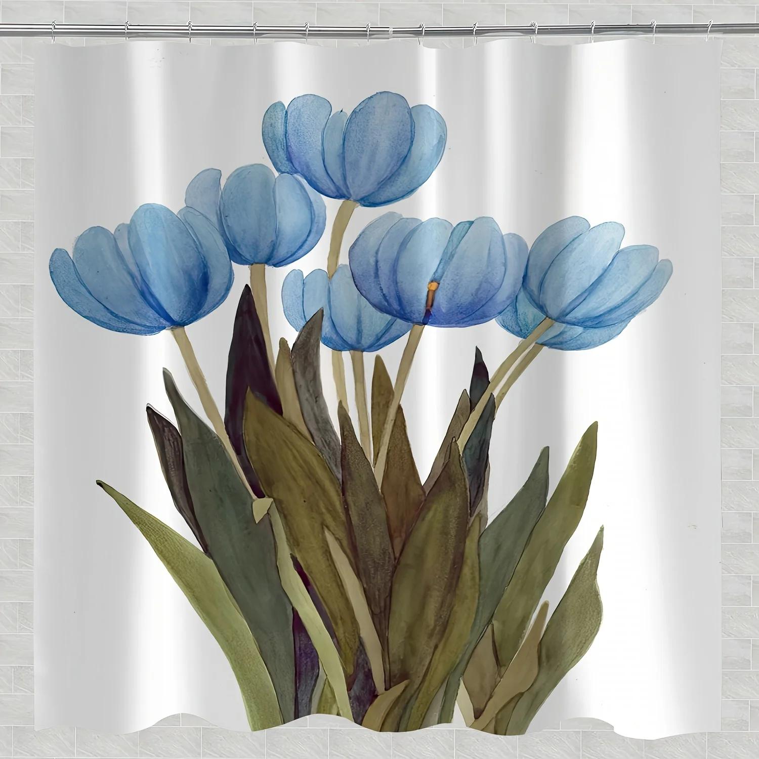 Blue Tulip Floral Bath Curtain - Water-Resistant Polyester, Machine Washable, Vibrant Nature-Inspired Design, Novelty Arts Theme W90xH180cm