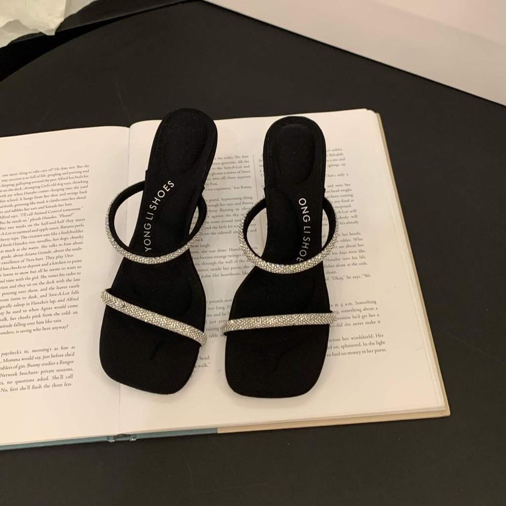 Damen 2025 Sommer Sandalen mit quadratischer Zehenpartie und Kristallabsatz - Schwarze Strass-Sandalen