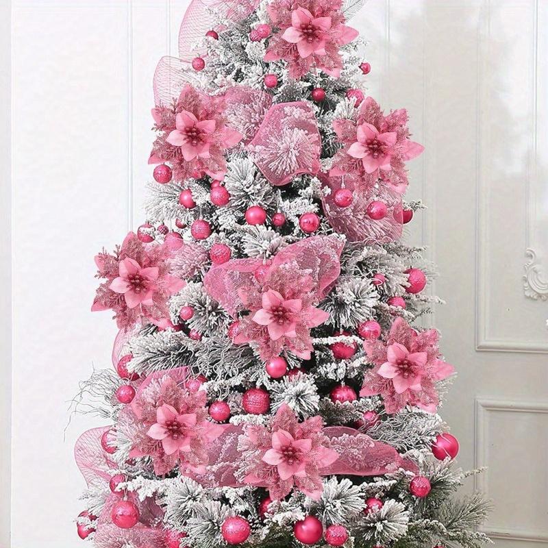 Poinsettia Artificial Christmas Glitter Flowers, Christmas Ornaments Xmas Tree Flower Decorations with Stems DIY Xmas Wreath Holiday Home Party Decor
