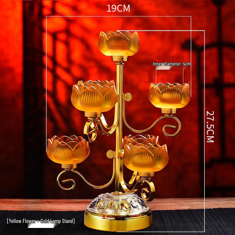 Buddhist Ghee Lamp Holder - Seven Stars Oil Lamp with Lotus Design for Temple Offerings and Everlasting Candle Display.