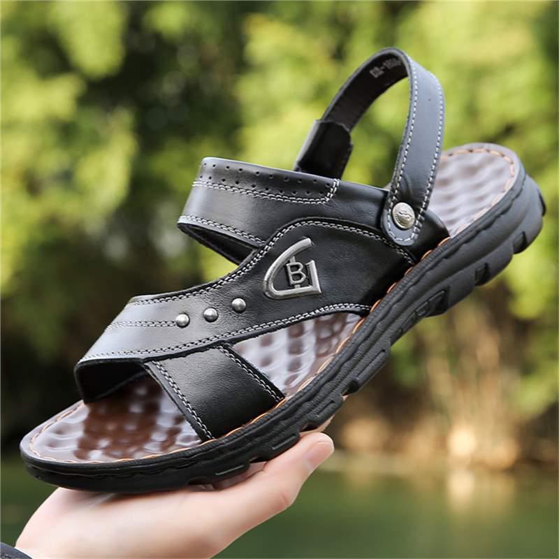 SHEIN TEMU Men s Genuine Leather Thick Sole Non-slip Beach Sandals 42