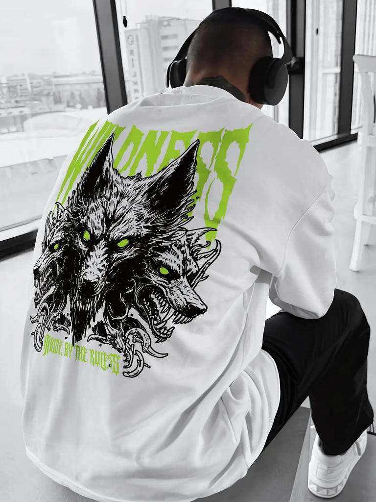 Edgy Wilderness Wolf Tee with Neon Green Three-Headed Wolf Graphic and Text Print Men's T-shirt Summer Casual Wear