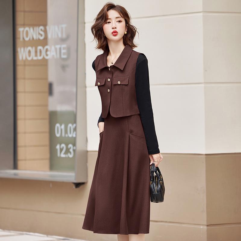 2025 Spring Fashionable Lapel Vest & Mid-Length Dress Set LU8958