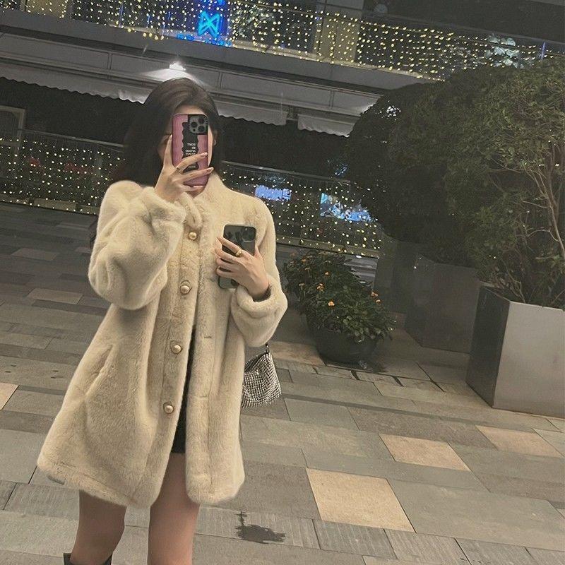 Winter New Stand-up Collar Sweet Fluffy Imitation Fur Coat Medium and Long Slim-fitting Thickened Coat Cotton-padded Coat Fashion