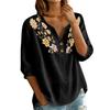 Women Floral Pattern Henley Neck Button Front Three Quarter Sleeve Linen Cotton Blend Shirt Casual Loose Fit Blouse