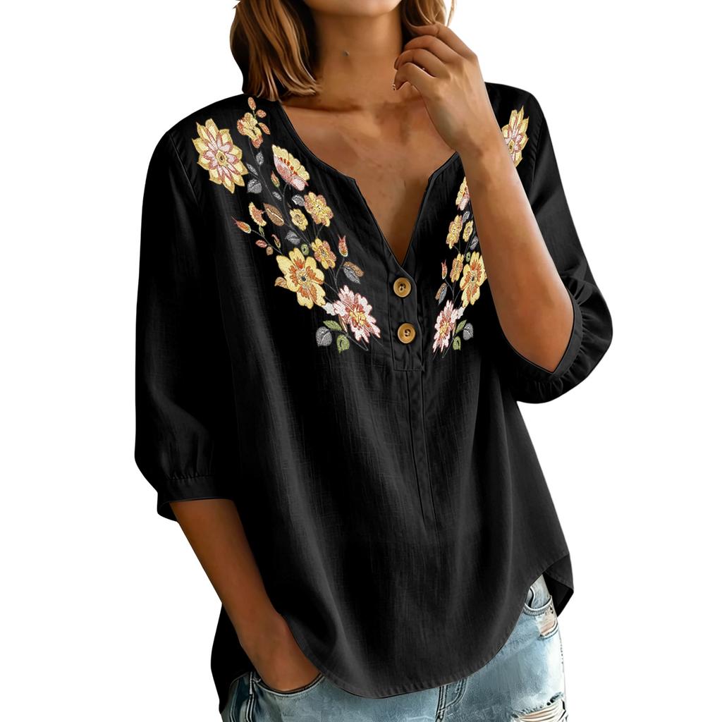 Women Floral Pattern Henley Neck Button Front Three Quarter Sleeve Linen Cotton Blend Shirt Casual Loose Fit Blouse