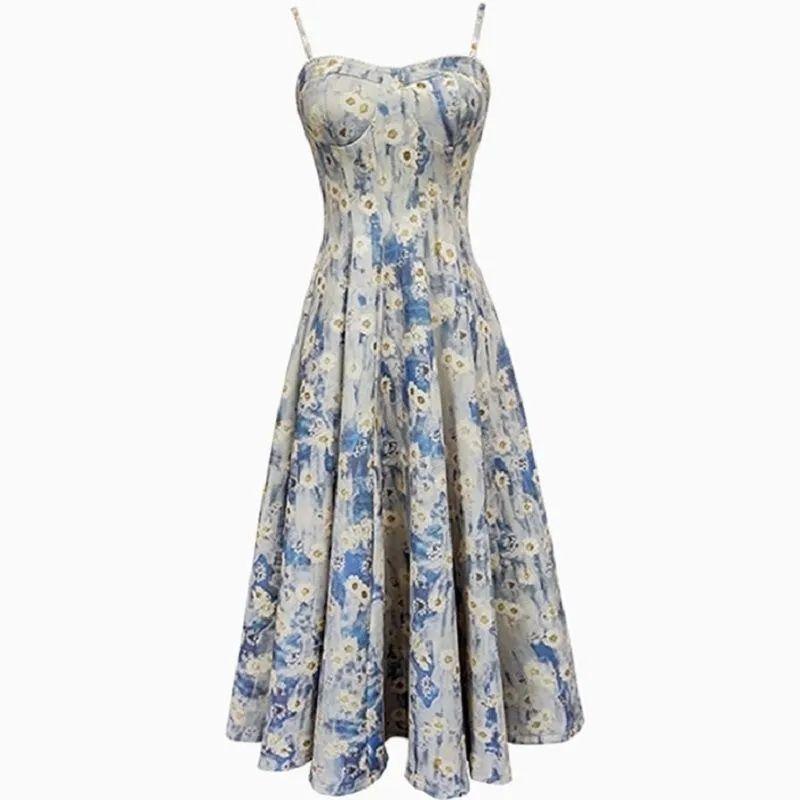 French blue oil painting long dress seaside vacation beach dress floral suspender dress women's spring high-end women's clothing