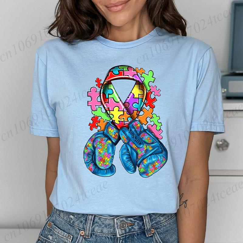 Autism Awareness with Boxing Gloves Shirts for Women Clothing Be Kind Puzzle Neurodiversity Tees Autistic Pride Female Clothing