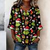 Women's Casual Christmas Print Button Front Top with Lace Sleeves